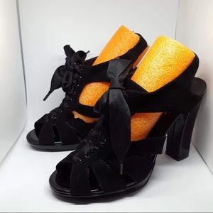 Beverly Feldman Lace up peep toe caged heels 10M